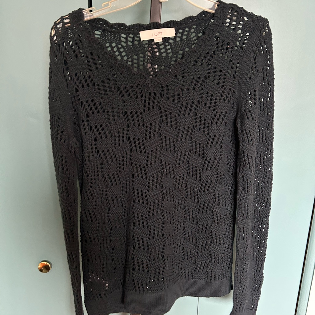 Loft Navy V Neck Crochet Sweater